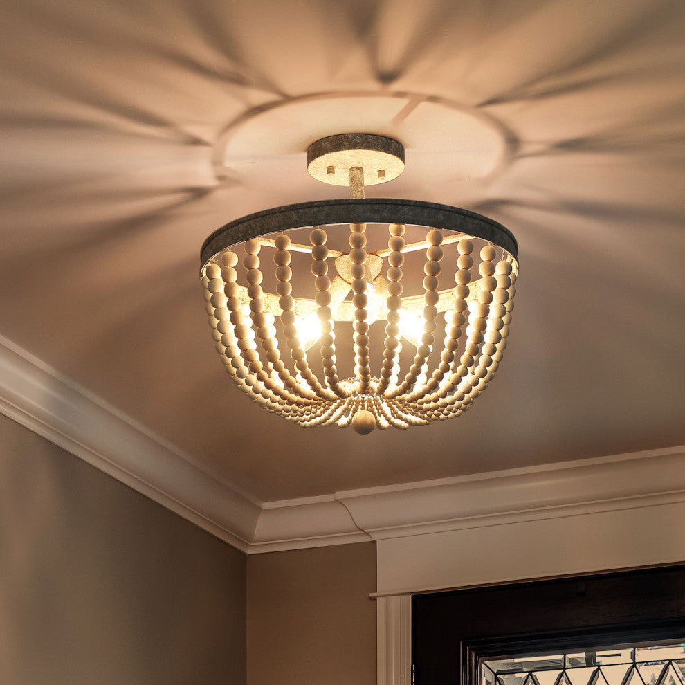 LNC 3 Light Vintage Beaded with White Wooden Beads, Semi-Flush Ceiling Light