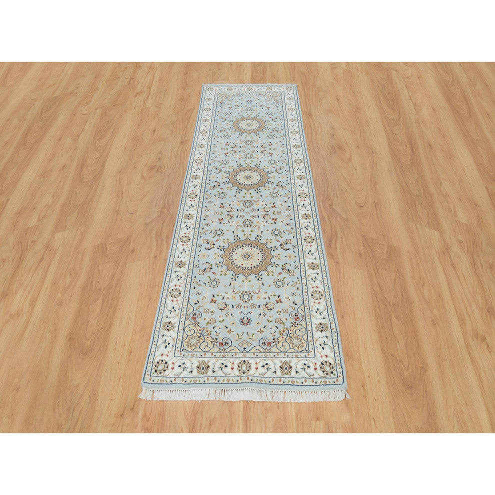 Blue 250 KPSI Extra Soft Wool Hand Knotted Nain Design Runner Rug 2'9"x8'4"