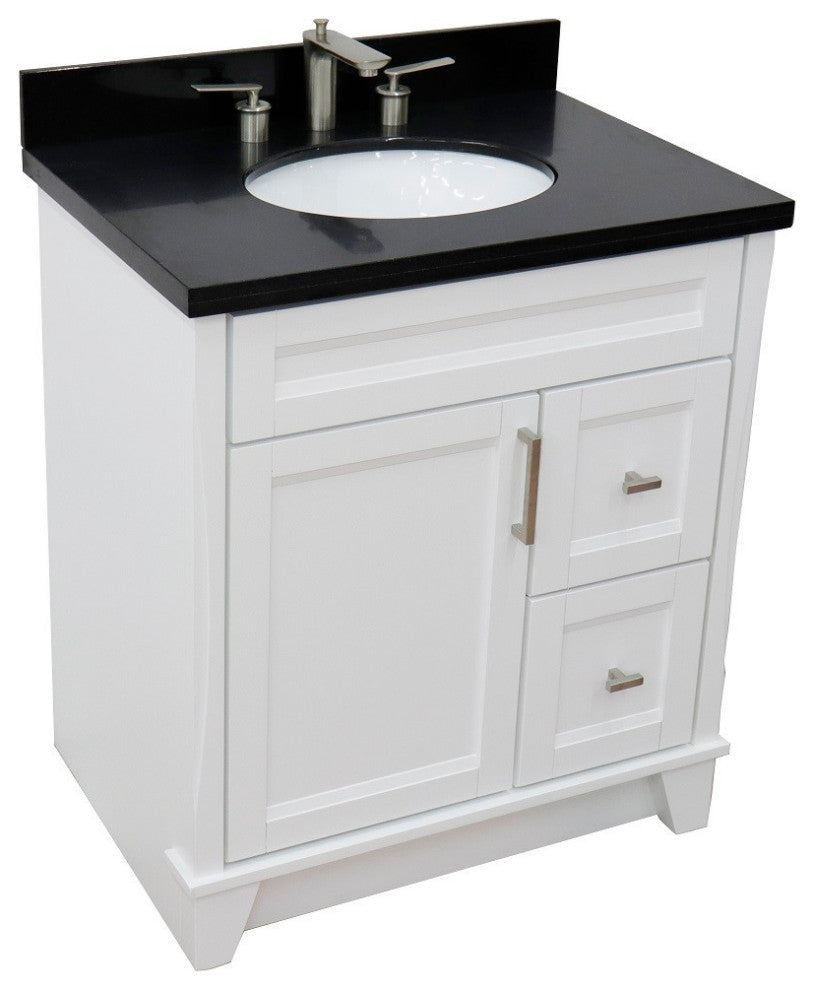 31" Single Sink Vanity, White Finish With Black Galaxy Granite With Oval Sink