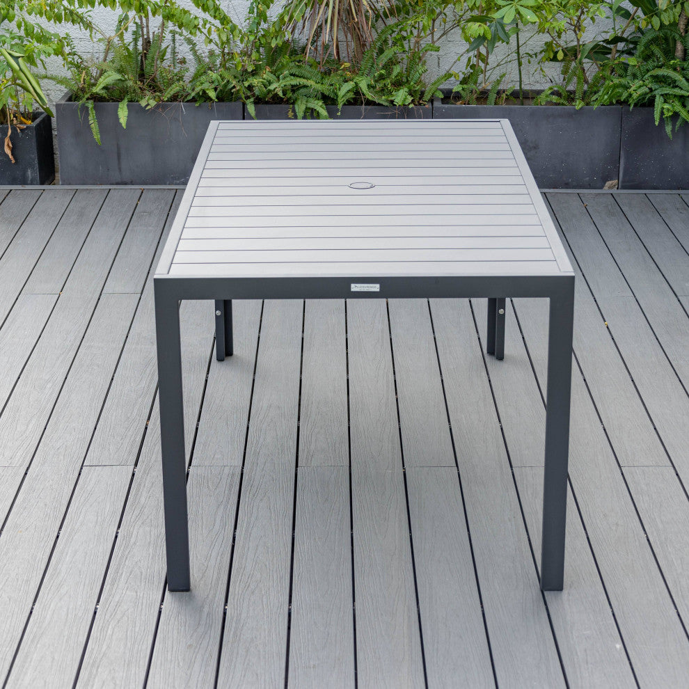 LeisureMod Chelsea Modern 7-Piece Outdoor Dining Set, Black Aluminum, Light Gray