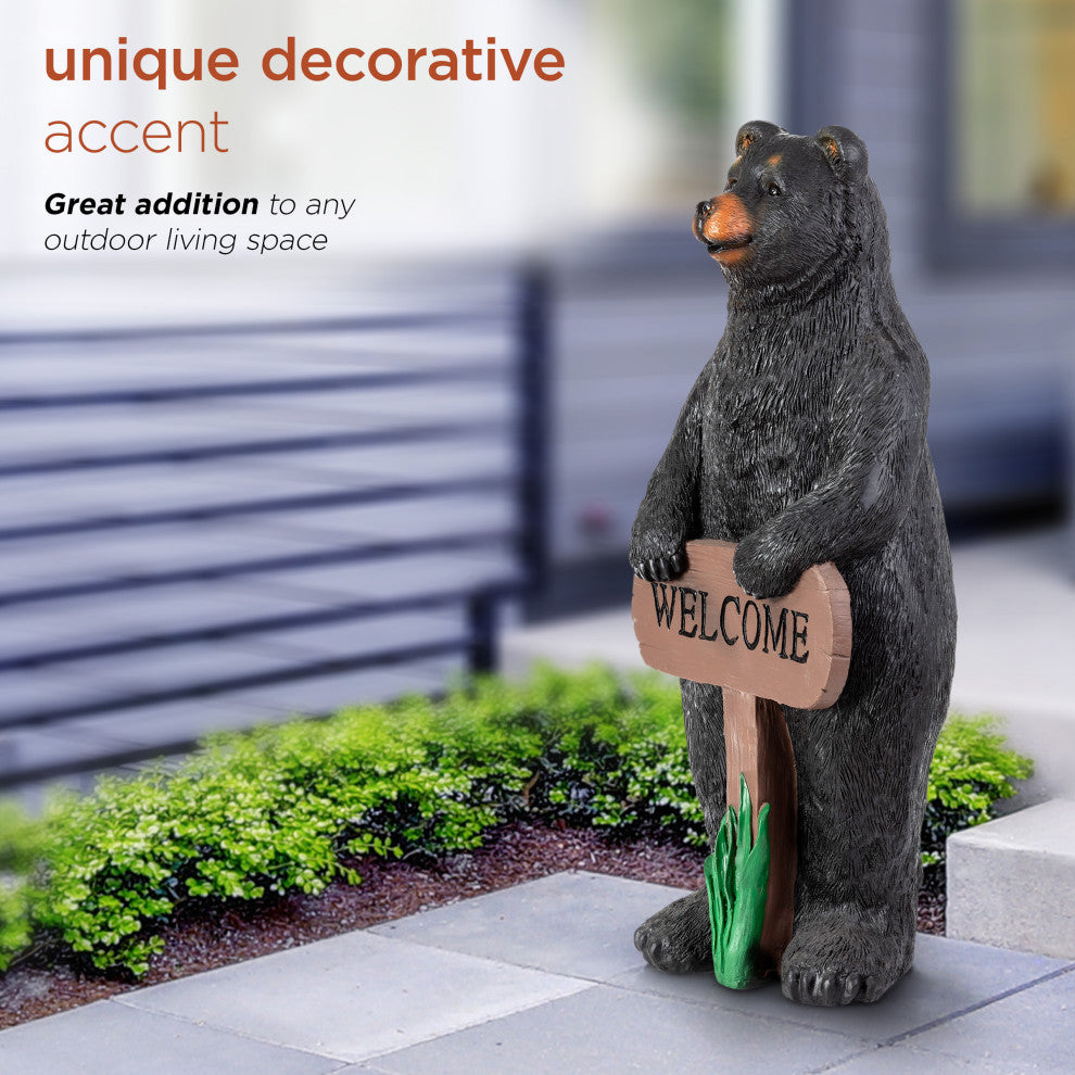 36" Tall Outdoor Standing Black Bear with Welcome Sign Yard Statue Decoration