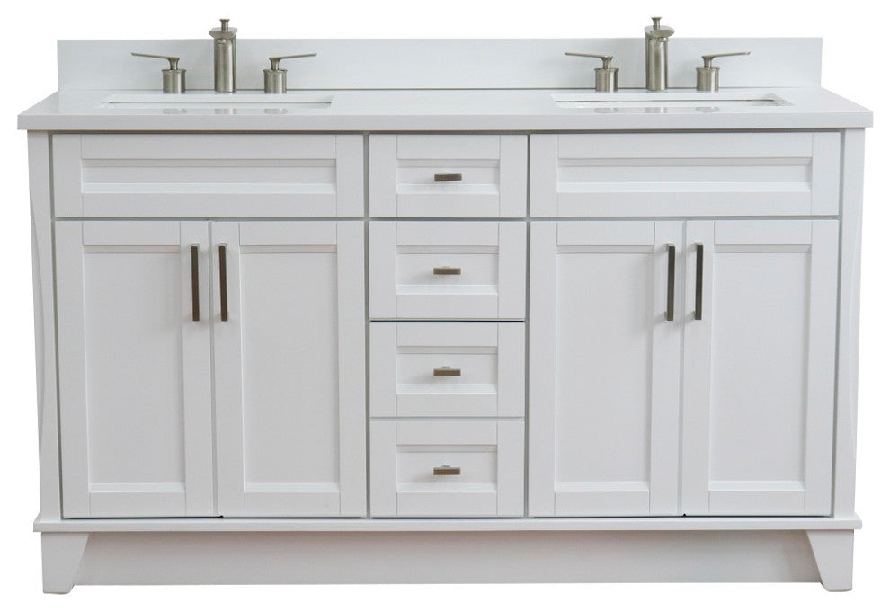 61" Double Sink Vanity, White Finish And Engineered Stone Top And Rectangle Sink