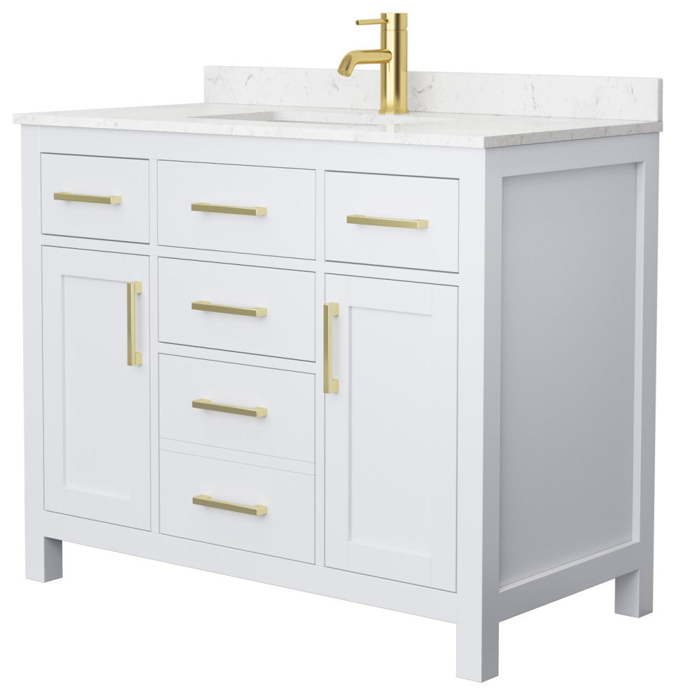 42"SGL Bathroom Vanity White, Carrara Cult. Marble Countertop, Sink, Gold Trim