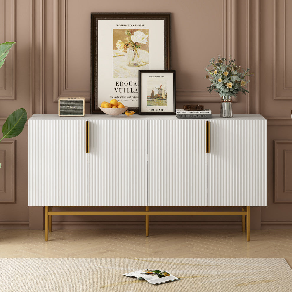 TATEUS 60" Modern Elegant 4-door Sideboard,Gold Metal Handle Storage Cabinet, White