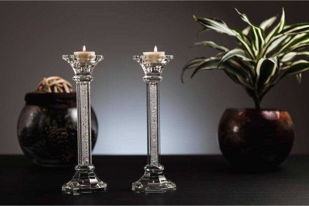 Premium 9" Crystal Candlestick (2-Piece Set) Large  Radiant Gems Inside Stem
