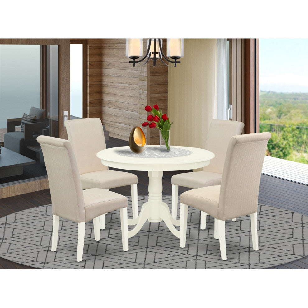 5Pc Dining Set, Round Table, Four Parson Chairs, Cream Fabric, Linen White