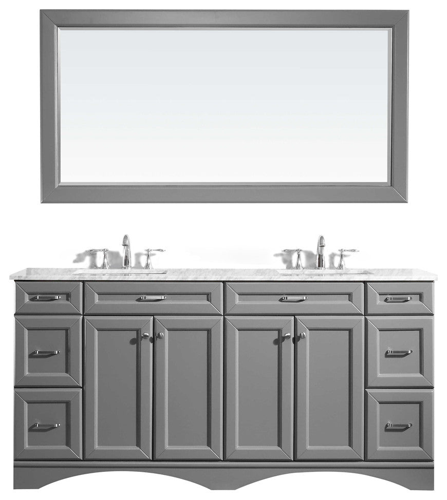 Naples 72" Vanity in Grey with Carrara White Marble Countertop With Mirror