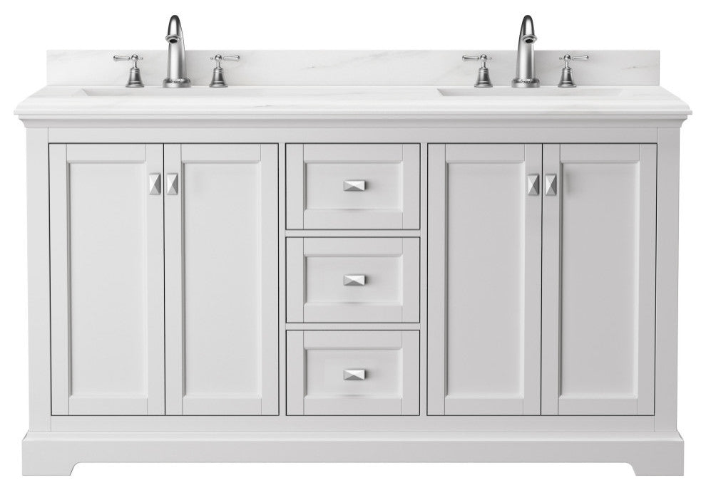 Freestanding Double Bathroom Vanity with White Carrara Marble Top, White, 60"