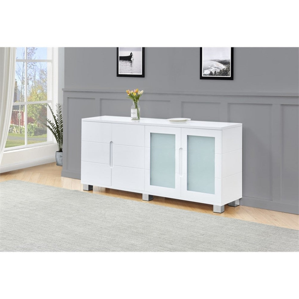 High Gloss White 4 Door Wood Cabinet Server with Frosted Glass Doors