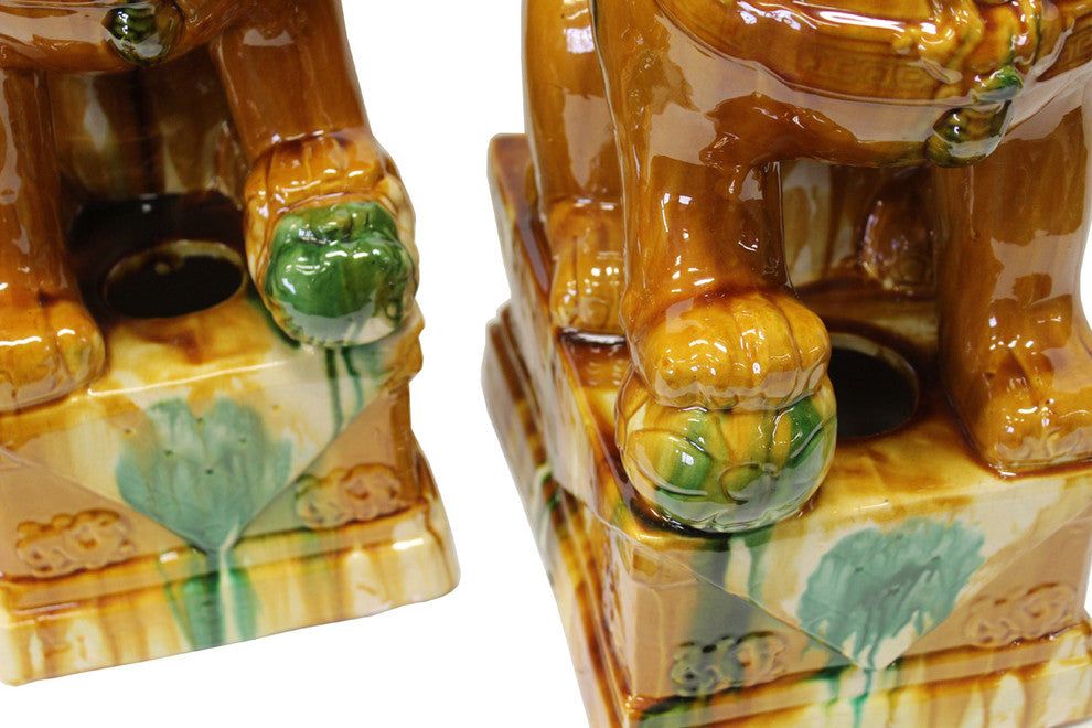 Chinese Yellow Color Glaze Ceramic Fengshui Foo Dog Figures cs2368, 2-Piece Set