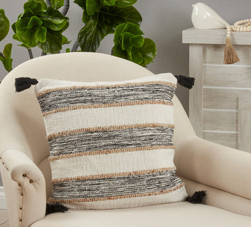 Striped Pillow With Tassel Corners Design, Black/White, 20", Poly Filled