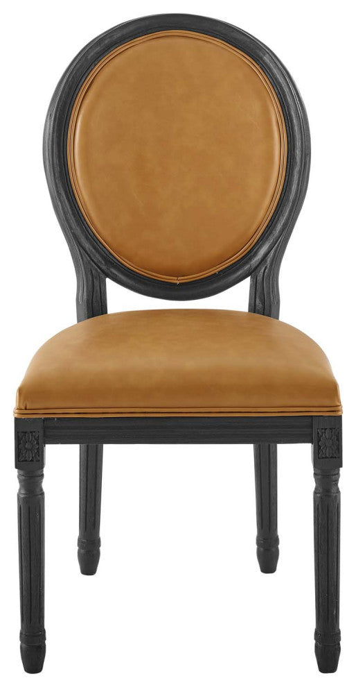 French Vintage Side Dining Chair, Faux Vegan Leather, Wood, Black Tan, Modern
