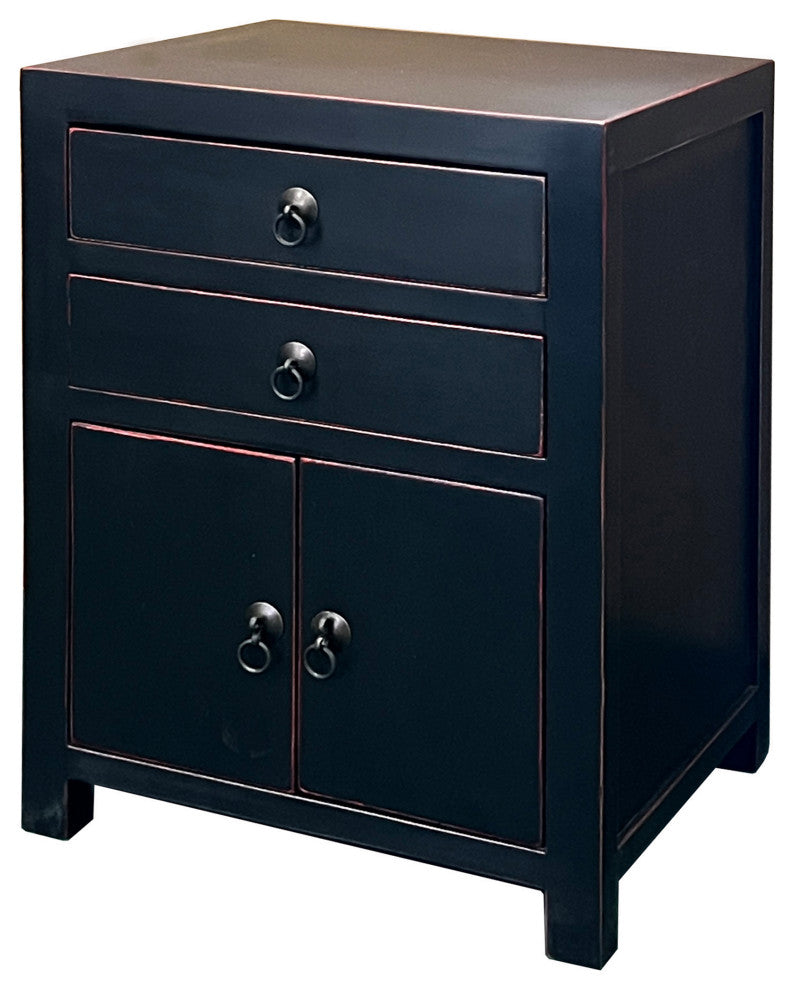 Chinese Oriental Distressed Black 2 Drawers End Table Nightstand Hcs7584