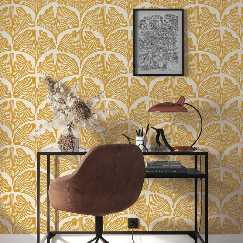 Feather Palm Peel and Stick Wallpaper By Novogratz Golden Mustard Palm Sample