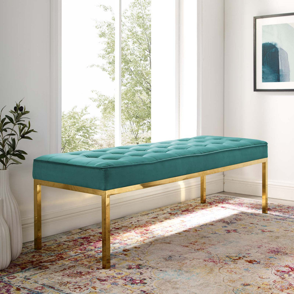 Living Lounge Accent Chair Bench, Velvet Fabric Metal Steel, Gold Aqua Blue