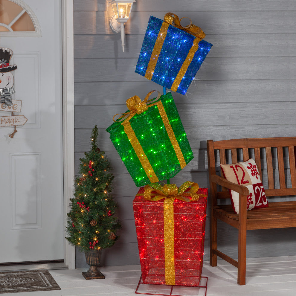 72" Tall Lighted Glittering Fabric Stacked Presents Outdoor Decor