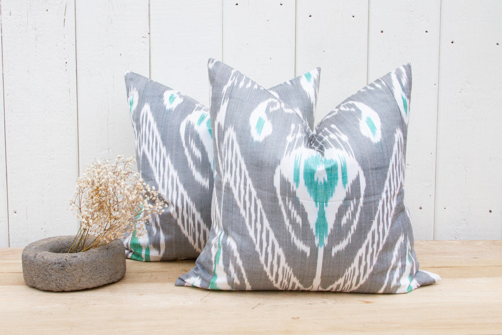 Pair of Gray Ikat Silk Pillows