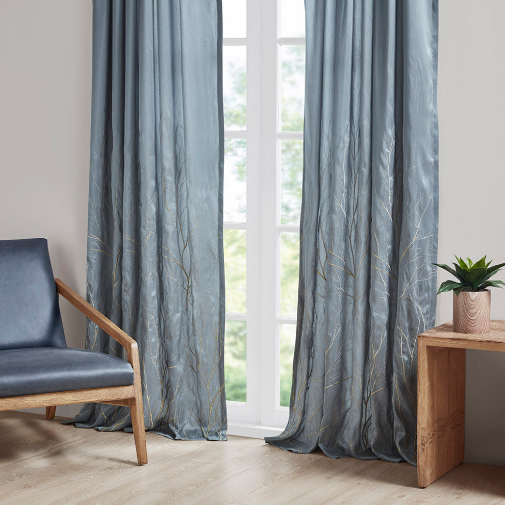 Madison Park Andora Embroidered Branches Faux Silk Window Panel, Blue, Blue, 95"