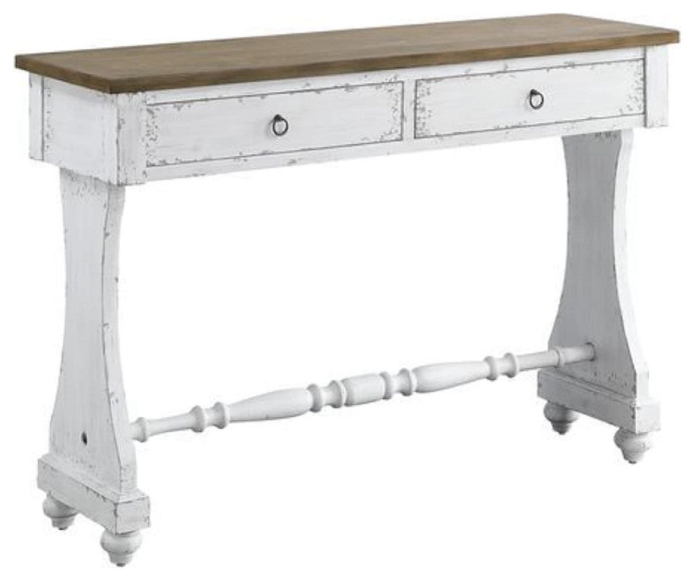 Benzara BM273238 48" 2 Drawer Console Table, Ring Metal Handle, Distressed White