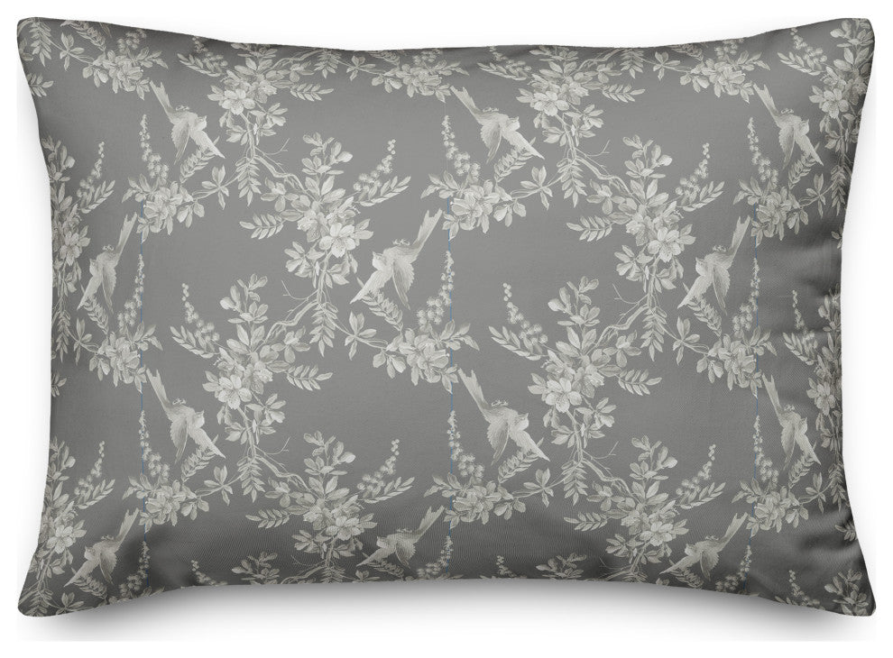 Birds Leaves Monochrome On Gray 7 14x20 Spun Poly Pillow