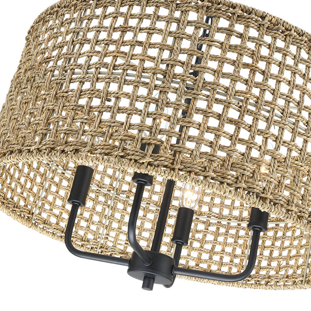 20" 4-Light Bohemian Coastal Drum Chandelier with Seagrass Hand Woven Shade
