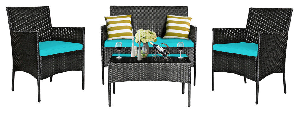 Costway 4PCS Patio Rattan Furniture Set Cushioned Sofa Coffee Table Turquoise