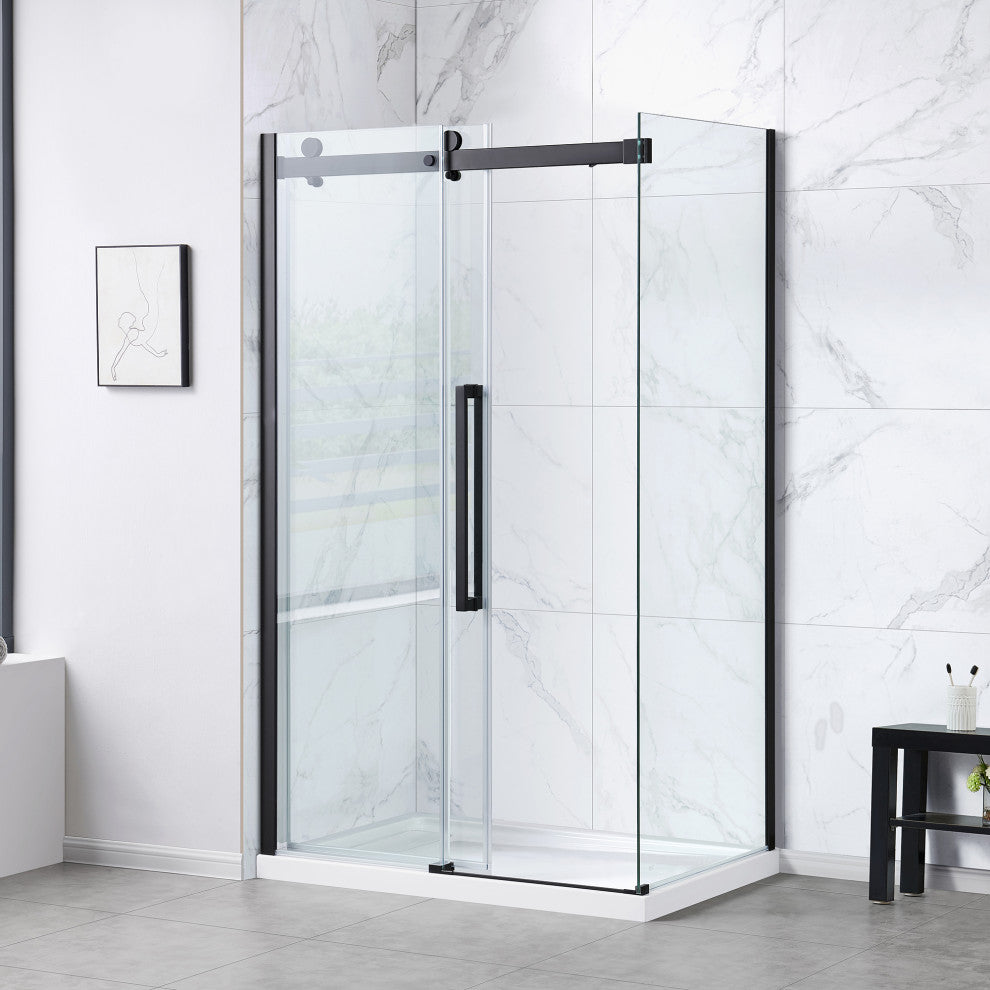 Bel Soft-Close Matte Black 48" Frameless Sliding Soft Close Shower Door