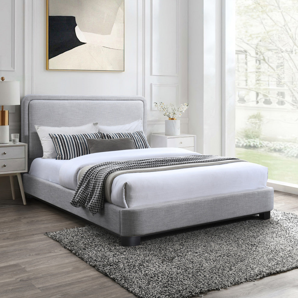 Nolita Linen Textured Fabric / Linen Upholstered Bed, Gray, Full, Black Finish