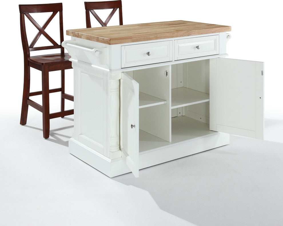Butcher Block Top Kitchen Island, White Finish With 24" Black X-Back Stools