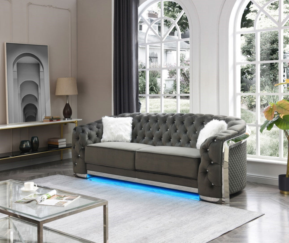Sapphire Black Tufted Velvet Sofa With LED Lights, Gray