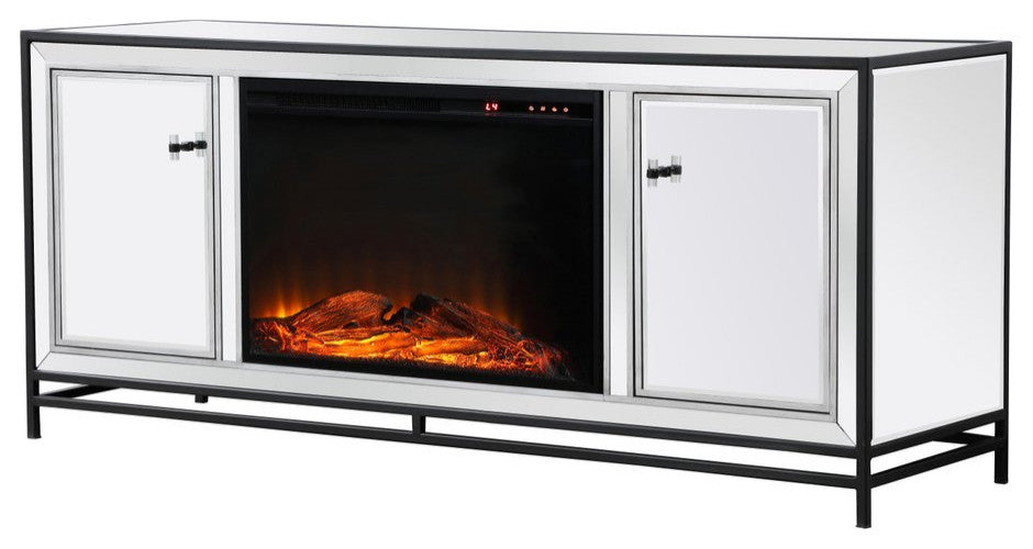 Jesse 60" Mirrored TV Stand With Wood Fireplace, Black