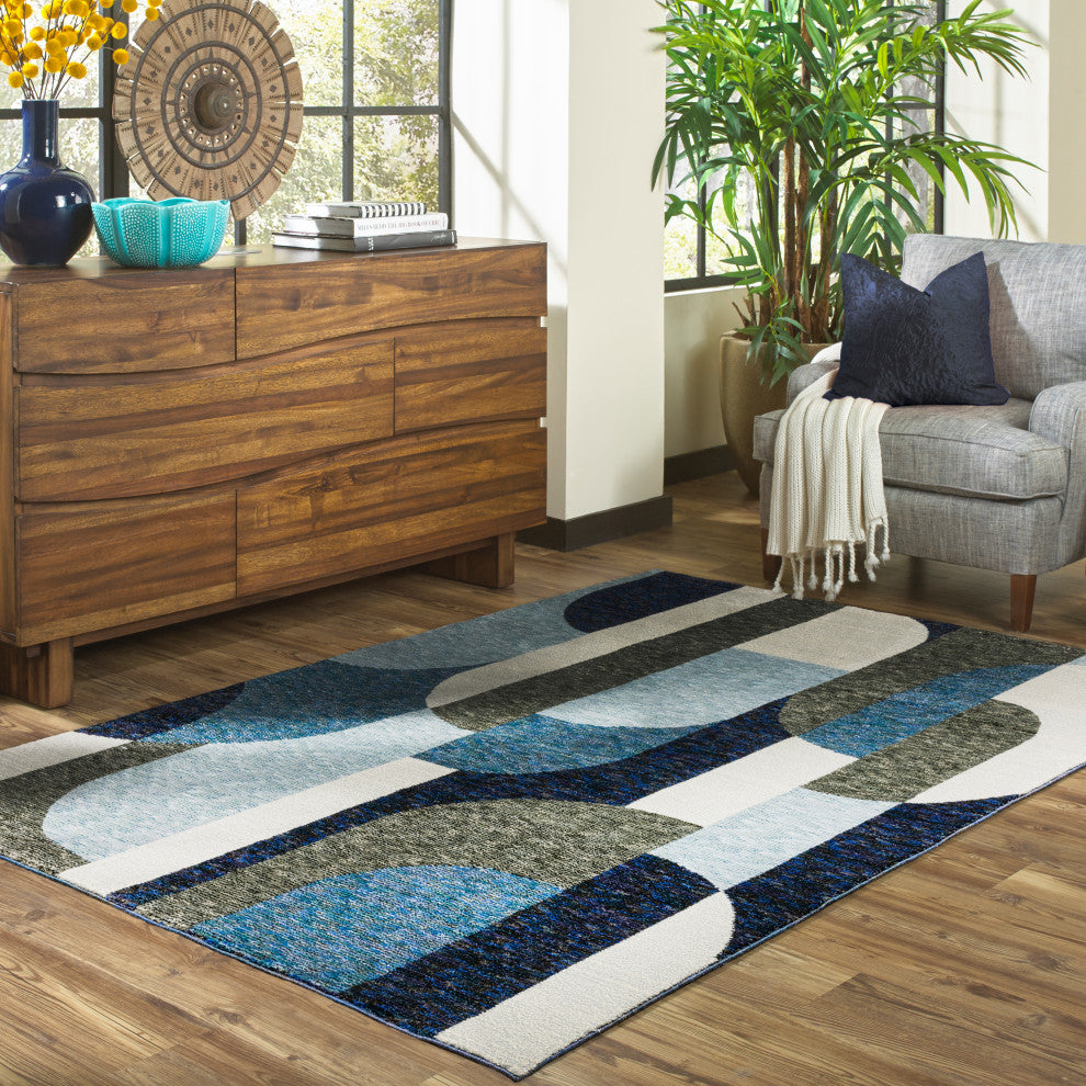 Sadie Art Deco Curved Layers Area Rug, Blue/Gray, 5'3"x7'3"