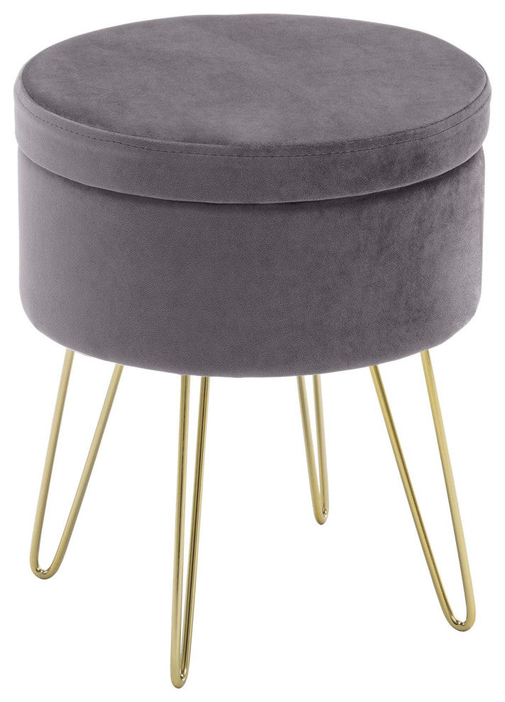 Round Storage Velvet Vanity Stool with Removable Lid, Grey