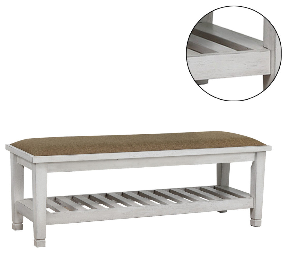 Upholstered Bench With Slatted Bottom Shelf Design, Antique White
