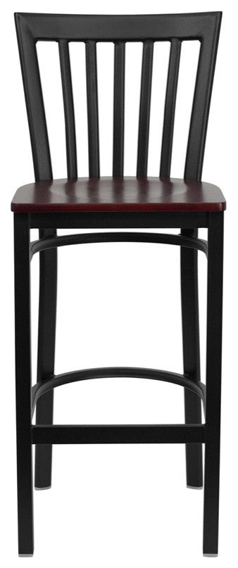 Black School House Back Metal Restaurant Barstool, Mahogany Wood Seat