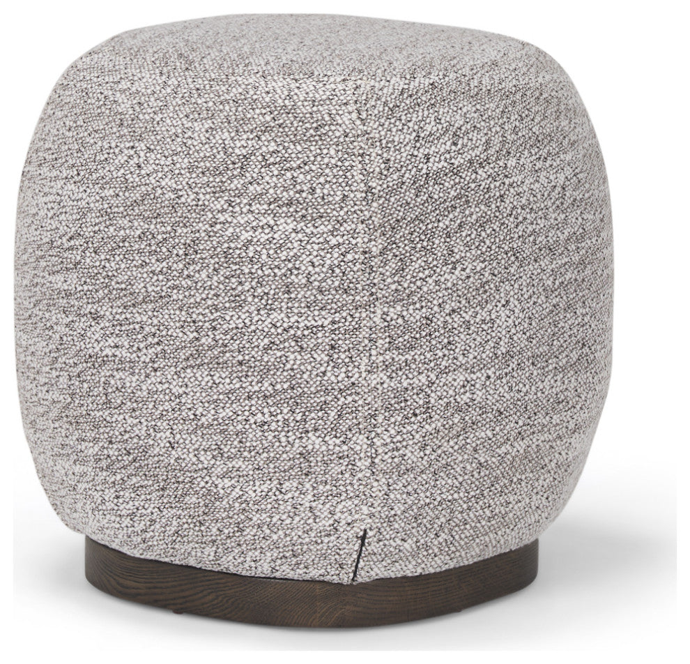Siren Gray Fabric With Dark Brown Wood Round Pouf