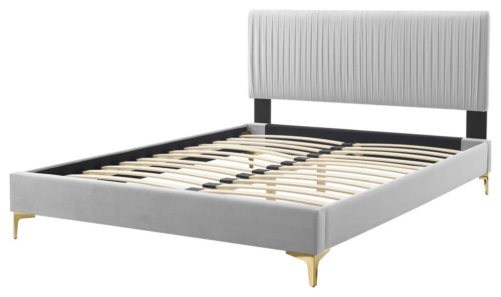 Platform Bed Frame, Queen Size, Velvet, Light Gray, Modern Contemporary
