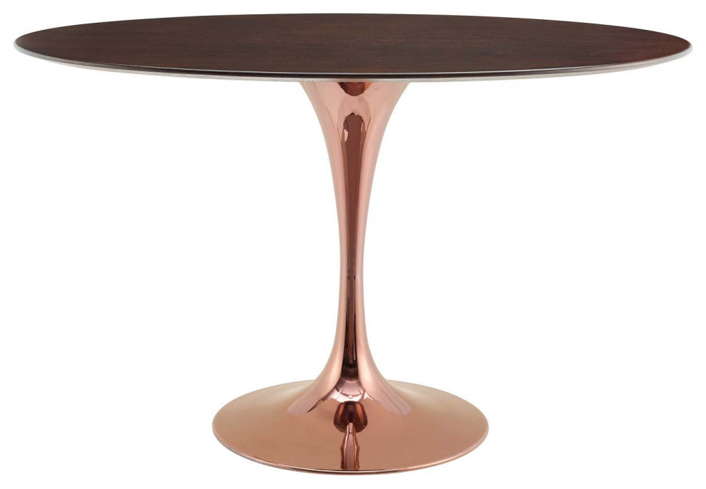 Dining Table, Oval, Wood, Rose Gold Dark Brown Brown Walnut, Modern, Cafe Bistro