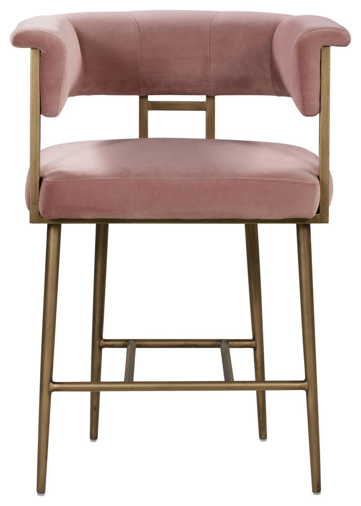 Blush Pink Velvet Counter Stool, Contemporary Modern Brass Gold Counter Stool