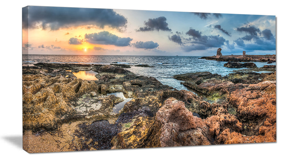 "Rocky Blue Seashore Sunset" Seashore Canvas Art, 60"x28", 1 Panel