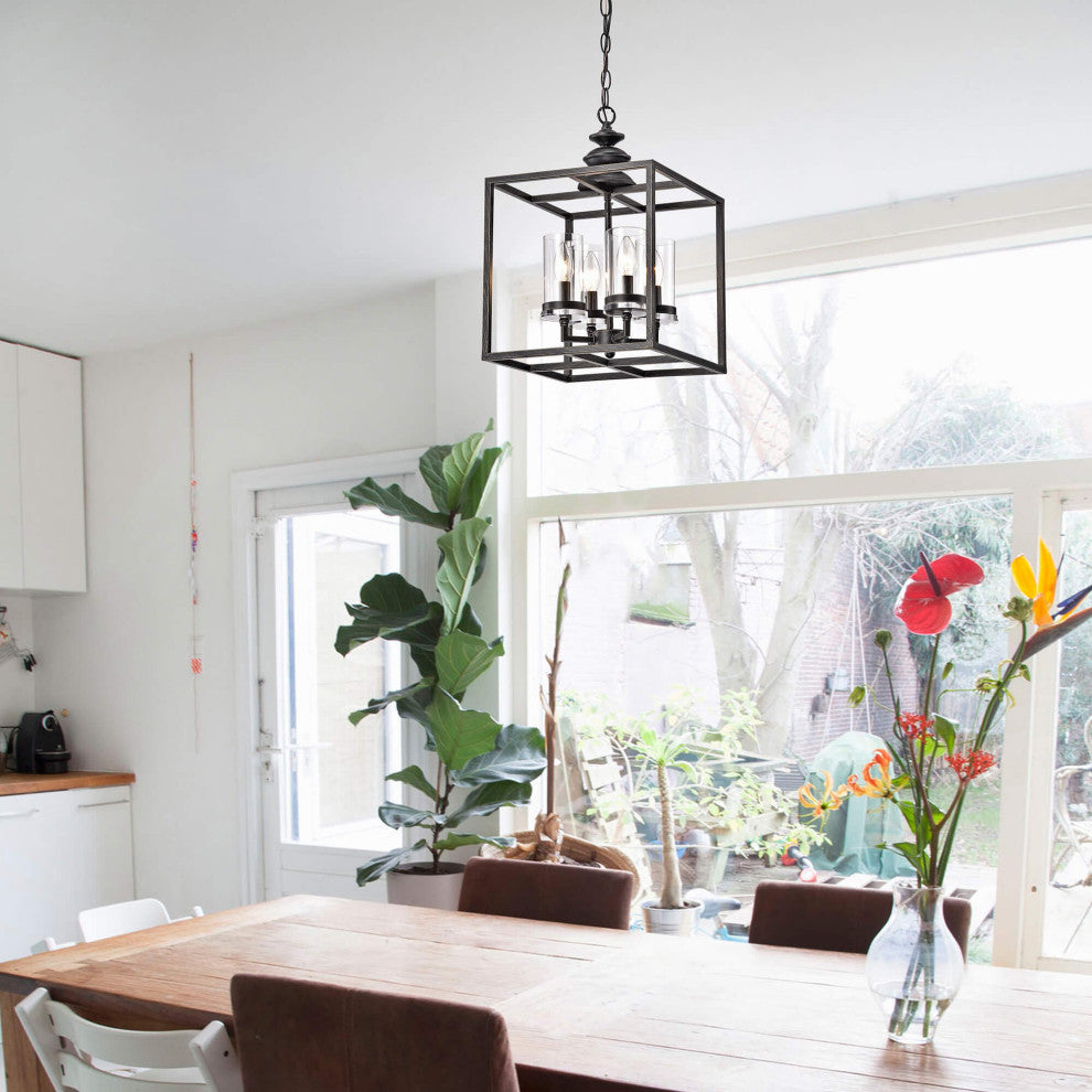 Iris 4-Light Antique Black Lantern Chandelier With Clear Glass Cylinders