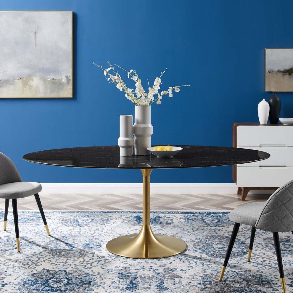 Dining Table, Oval, Artificial Marble, Metal, Gold Black, Cafe Bistro Restaurant