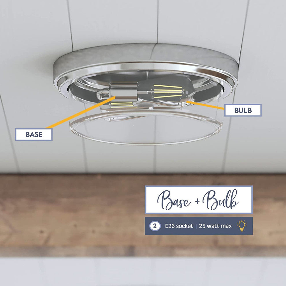 Modern Nickel Flush Mount, Drum, Glass