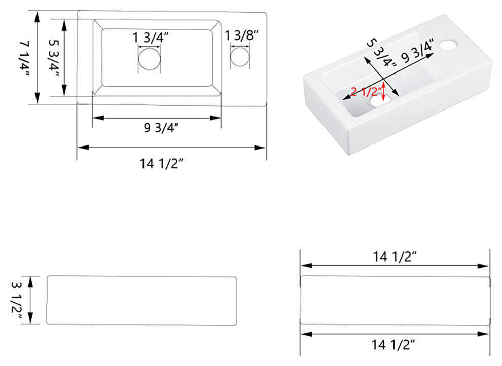 Ceramic Wall Mount Bathroom Sink Small Bathroom White Rectangular Wash Basin