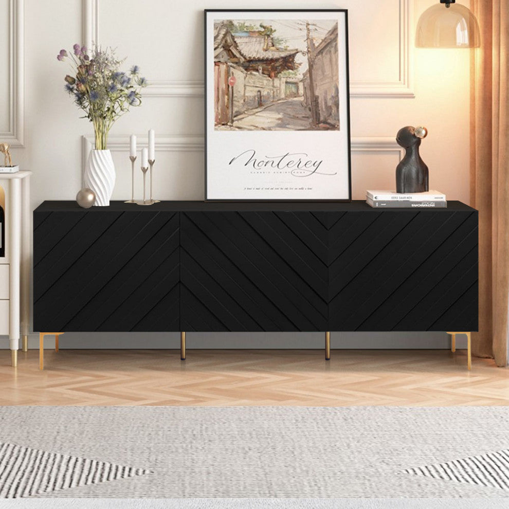 Modern 70.9" Black Buffert Sideboard Table with Gold Legs & 3 Doors, Black
