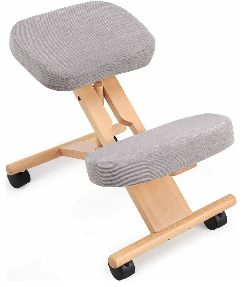 Kneeling Chair With Memory Foam Natural Wooden Frame Gray Fabric