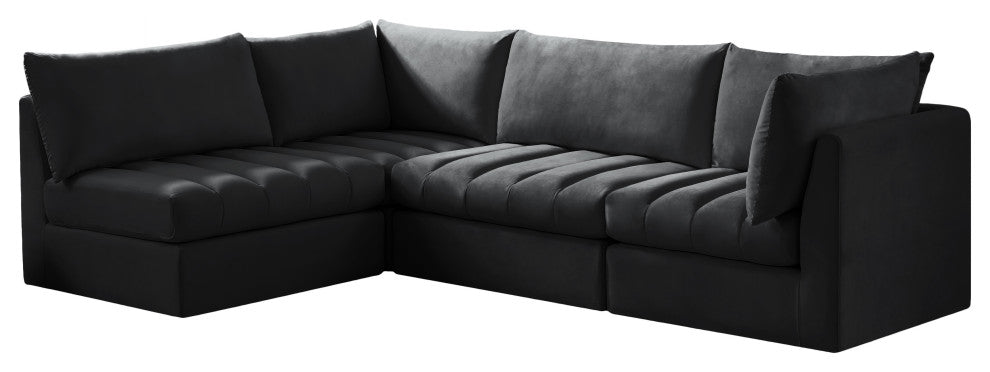 Jacob Velvet Upholstered 4-Piece L-Shaped Modular Sectional, Black