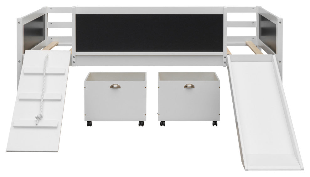 Gewnee Wood Twin Loft Bed with Two Storage Boxes and Slide in White