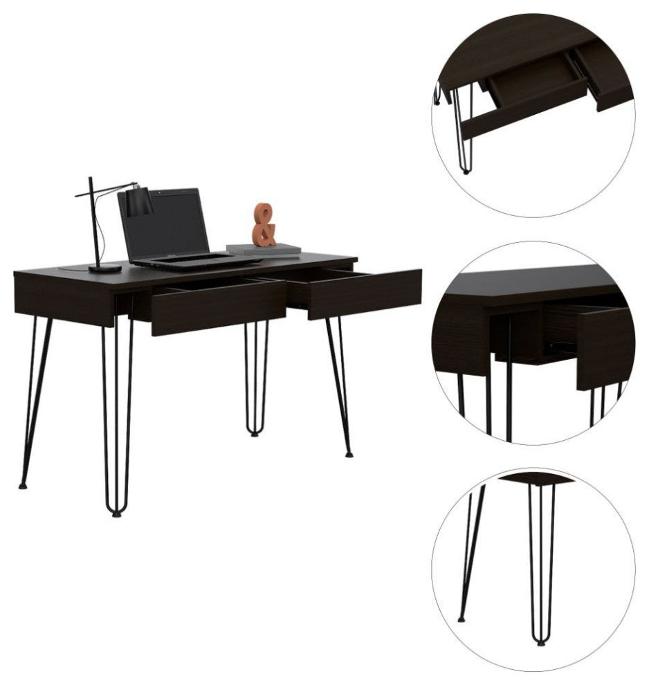 Salamanca Writing Desk with 2 Drawers, Hairpin Legs, Black