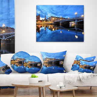 Illuminated Blue Stockholm Cityscape Throw Pillow, 18"x18"